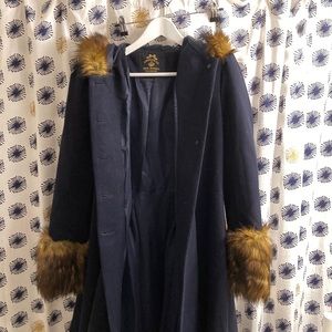 Hell Bunny Blue Faux Fur trim coat with hood - M